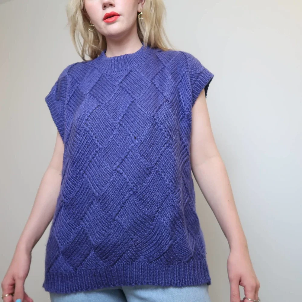 Vintage 90s deep purple knit sweater vest L - Picture 1 of 5